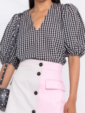 Ganni Checkered Balloon Seersucker Black & White Gingham V-Neck Top